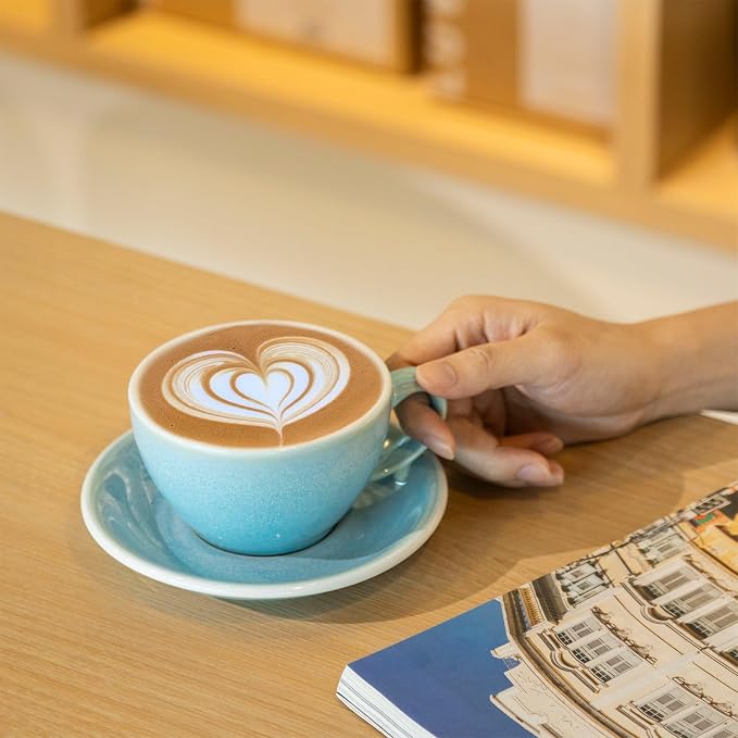 Loveramics Coffee Cup Ceramic, 10 oz Latte Art Cup with Saucer for Cappuccino, Tea, Espresso, Thick - walled stoneware Cappuccino mug Set for Cafe and Barista - Potters Colours (Ice Blue, 10OZ)