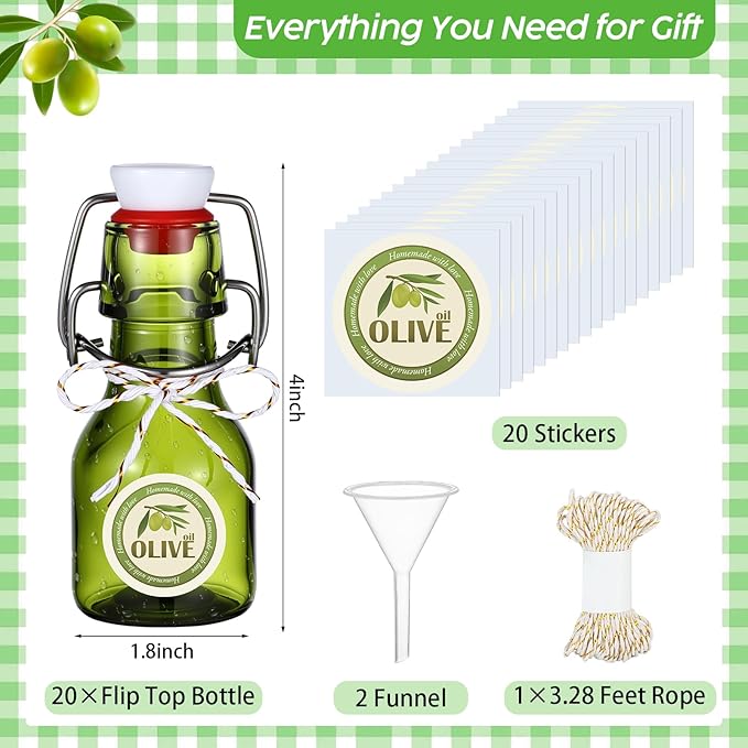 Queekay 20 Pack Mini Swing Top Glass Bottles for Vanilla Extract Homemade Olive Oil Bottles with Lids Airtight Cap Lids Labels for Wedding Baby Shower Favors(2 oz,Olive Green)