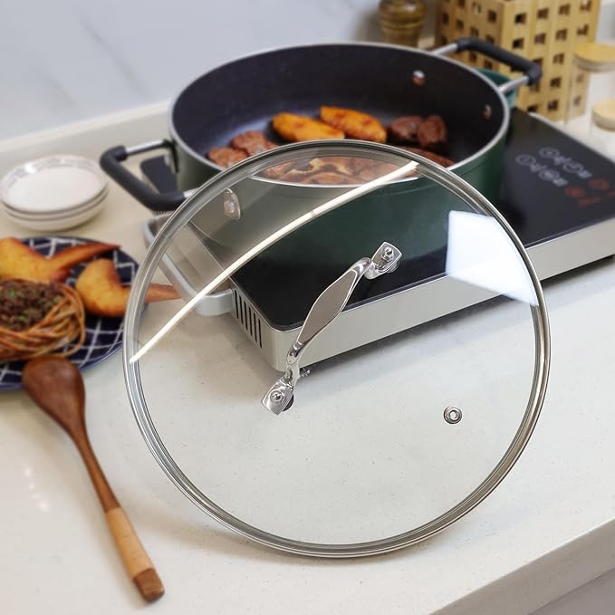 10.5 Inch Clear Glass Pot Lid for Frying Pan Replacement Cover Can Withstand 428°F (220℃) with Stainless Steel Arch Bridge Handle,Polished Silver