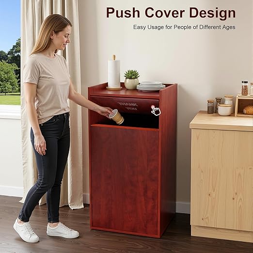 30 Gallon Commercial Trash Can, Wooden Trash Can Cabinet with Tray Holder Garbage Can withTrash Bag for Restaurants, Cafes, Kitchens, and Offices, Durable Garbage Receptacle (Brown)