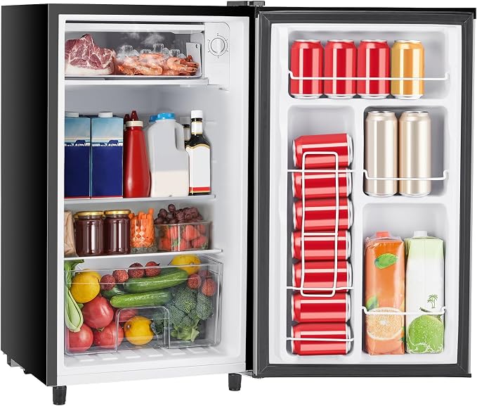 Sweetcrispy 3.2 Cu.Ft Mini Fridge with Freezer, 2 Door Small Refrigerator with Adjustable Thermostat Energy-efficient Low Noise, Compact Fridge for Bedroom, Office, Dorm, Silver