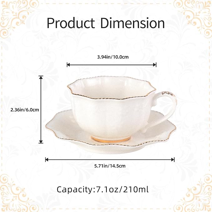 KAMMAK Tea Cups and Saucers Set of 2, Porcelain Coffee Cups with Saucers, Ceramic Espresso Mugs for Coffee, Latte, Americano, Tea, 7oz Elegant Teacup and Saucer (YFH4)