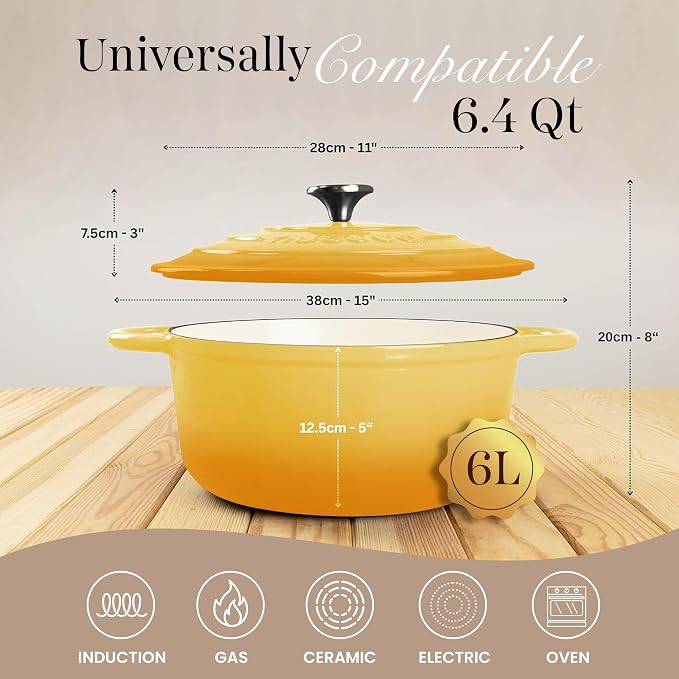 Nuovva Enamelled Cast Iron Dutch Oven Pot with Lid 6.4 Quart Non Stick Casserole Pot-Heavy Duty & Oven Safe up to 500° F for Bread Baking, Braising, Stews, Roasting - 28cm Yellow