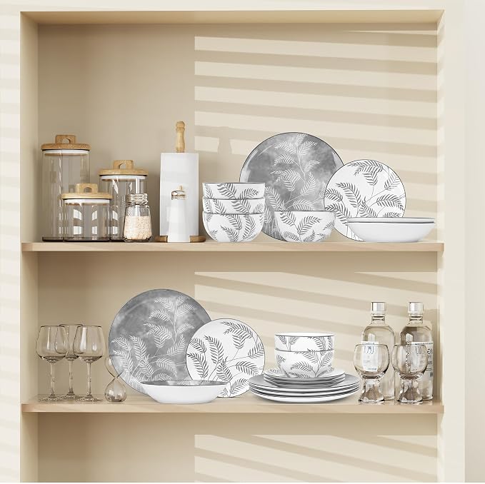 Porcelain Lightweight Dinnerware Sets for 4, 16 Pieces Grey Floral Ceramic Plates and Bowls Set, Branch Dishes Set with Pasta Bowls, Microwave and Dishwasher Safe
