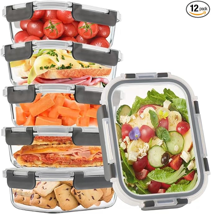 6Pack 22oz Glass Meal Prep Containers, Glass Food Storage Containers Sets with Snap Leak Proof Lids for Microwave, Oven, Freezer and Dishwasher Safe (Grey, 22oz)