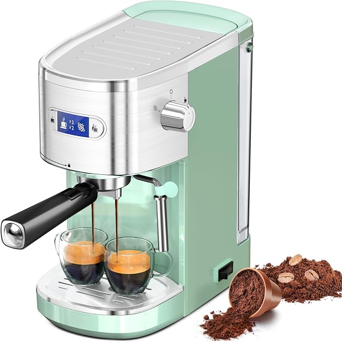 Electactic 20 Bar Espresso Machine, Professional Stainless Steel Coffee Maker with LCD Display, 45oz Removable Water Tank, Home & Office Espresso Maker for Cappuccino Latte Macchiato, Green