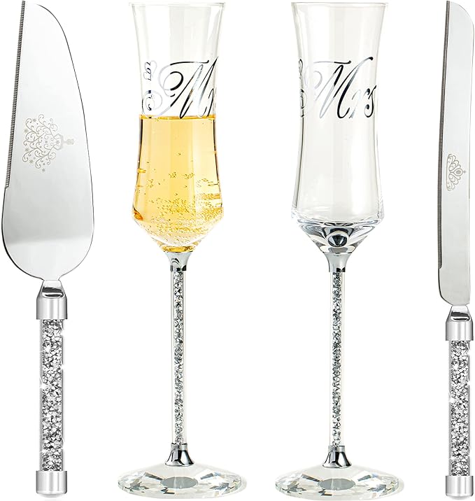 Wedding Champagne Flutes and Cake knife Server Set, Mr and Mrs Champagne Flutes, Bride and Groom Champagne Glasses and Cake Cutting set for Wedding Gifts