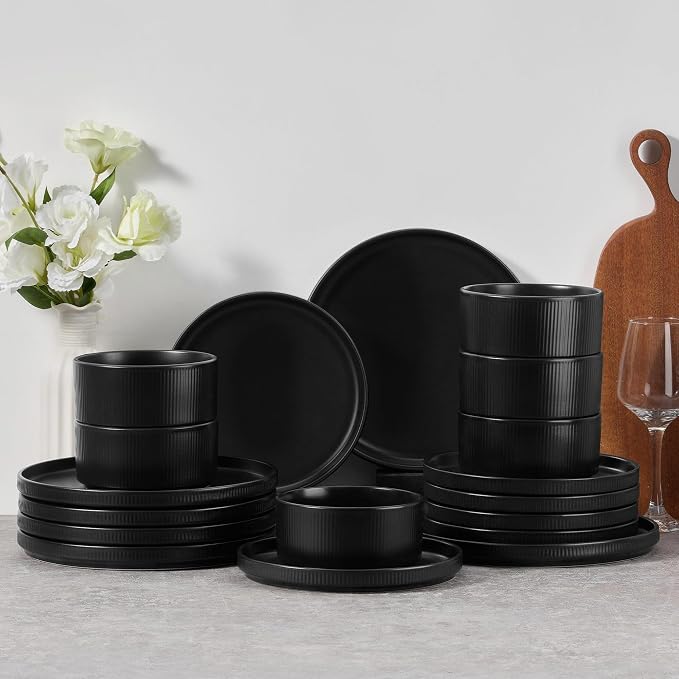 E-far Stoneware Dinnerware Sets for 6, 18-Piece Plates and Bowls Sets, Chip & Scratch Resistant Ribbed Dish Set for Home Restaurant, Microwave & Dishwasher Safe, Matte Black