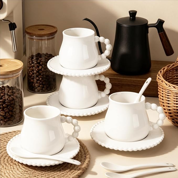 8 oz Ceramic Cappuccino Cups with Saucers and Spoons, Set of 4 Coffee Cup Mugs for Latte, Au Lait, Flat White, Mocha, Tea, Elegant Tea Mugs Set, Dishwasher & Microwave Safe