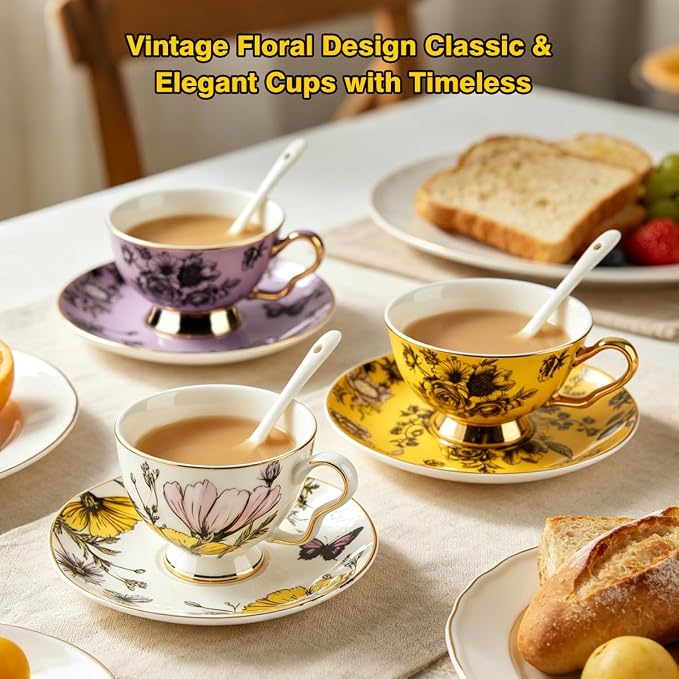 Elegant Floral Tea Cup and Saucer Set with Spoon | 7 oz