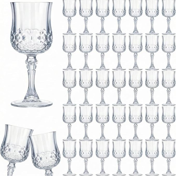 Pinkunn 50 Pcs 7 oz Plastic Vintage Wine Glasses Reusable Colored Goblets Patterned Drinking Water Glasses Cup Dishwasher Safe for Mother's Day Wedding Reception Party Supplies (Transparent)