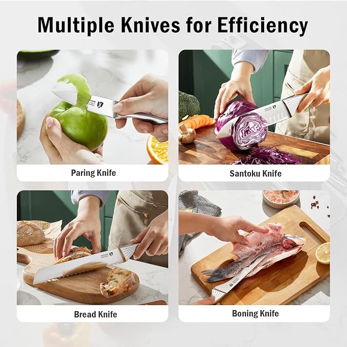 KINGSTONE Kitchen Knife Set with Block,14 Pcs German Stainless Steel Knife Set with Built-in Sharpener, Dishwasher Safe Knife Block Set (walnut, 14pcs)
