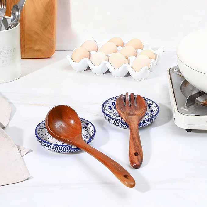 Selamica Ceramic Spoon Rest, 4.8 Inch Spoon Rest for Stove Top, Spoon Holder for Kitchen Counter, Coffee Spoon Holder, Heat-Resistant Cooking Utensil Rest for Ladles Tong, Set of 4,Vintage Blue