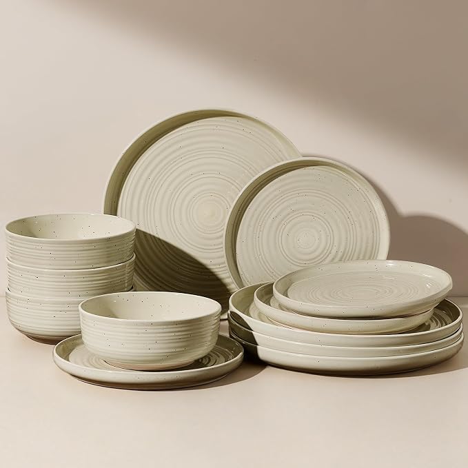 12-Piece Stoneware Dinnerware Sets, Service for 4 - Speckled Glaze with Spiral Design – Farmhouse Coupe Plates and Bowls - Chip & Scratch Resistant, Microwave & Dishwasher Safe, Honey