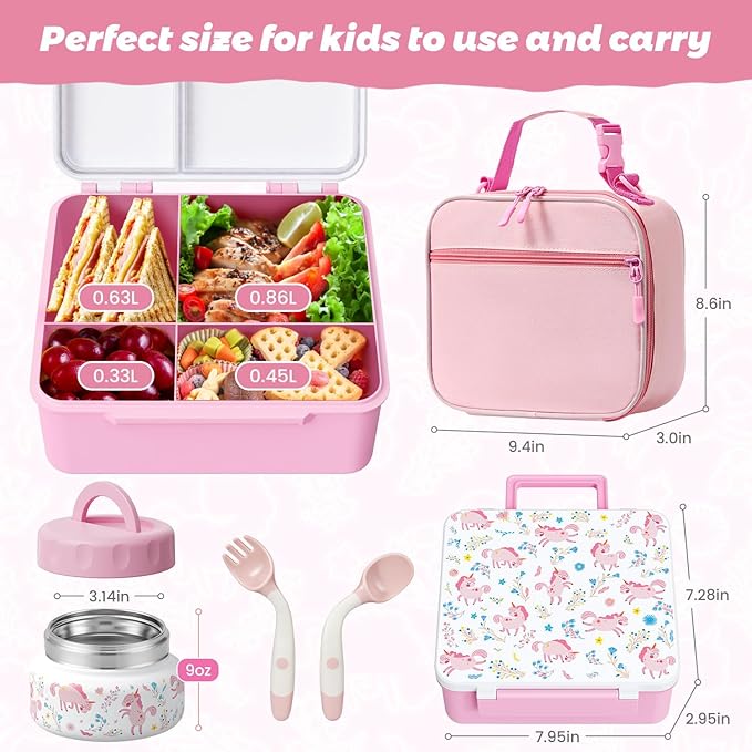 Kids Bento Lunch Box with Thermos, Leakproof Toddler Bento Box with 9 OZ Insulated Food Jar, Lunch Bag & Utensils 3 or 4 Compartment Container for School Girls Boys