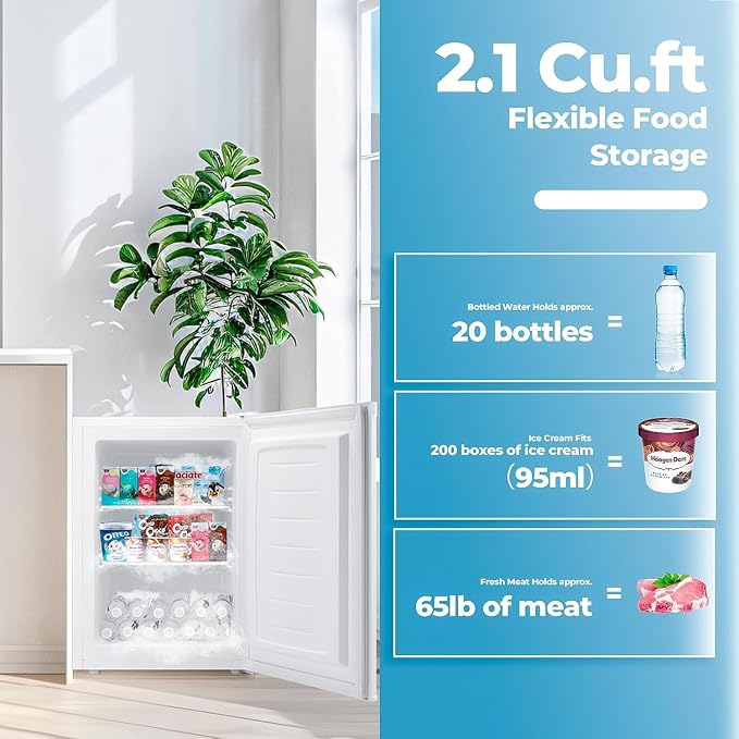 Electactic 2.1 Cu.ft Small Freezer, Mini Upright Freezer with 7 Adjustable Thermostat, Removable Shelves, Reversible Single Door, for Bedroom/Home/Dorms/Apartment (White)