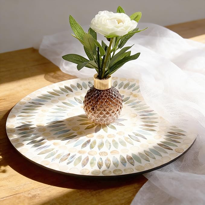 13.4" Mother of Pearl Lazy Susan, Table Centerpiece Round Shell Decorative Lazy Susan Turntable Rotating Tray Organizer for Cabinet Counter Gift Kitchen Office Cafe Home Decor (Dot Blue)