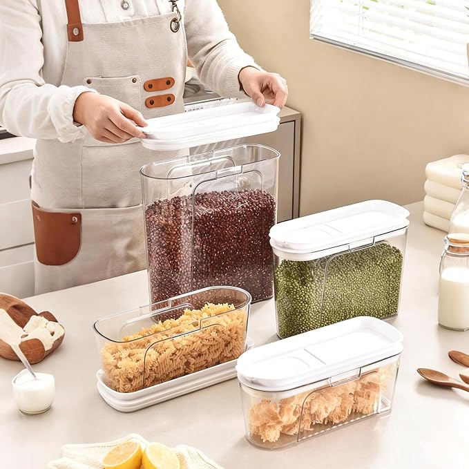 Cereal Container and Rice Storage Dispenser-Airtight Food Storage Organizers BPA-free Plastic Kitchen Pantry Storage Containers food-grade PET material Suitable for rice, grains (4L(2PC))