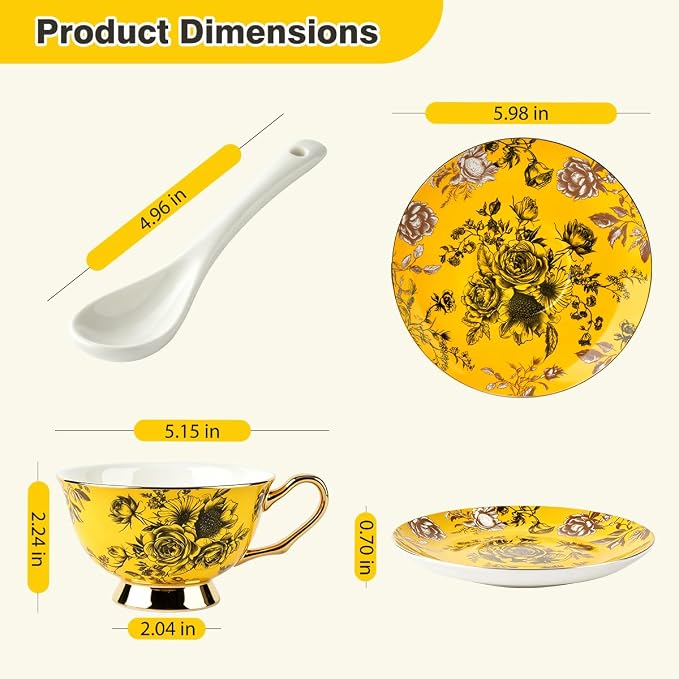 Elegant Floral Tea Cup and Saucer Set with Spoon | 7 oz