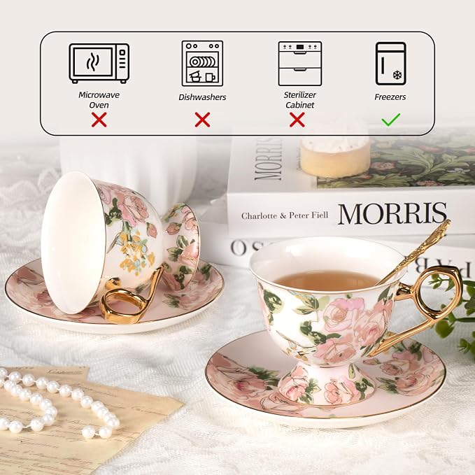 KAMMAK Tea Cups and Saucers Set of 2, Fine Bone China Coffee Cups, Stackable Espresso Mugs, Ceramic Demitasse for Coffee, Cappuccino, Latte, Americano, Tea, Wild Rose