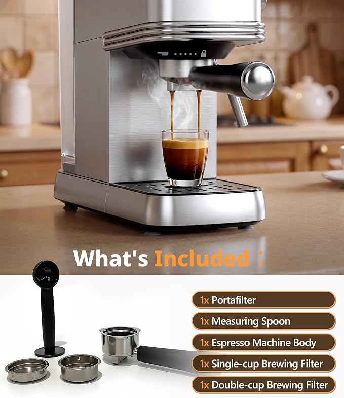 Electactic Compact Espresso Coffee Machine, Espresso Maker with Powerful Milk Frother for Cappuccino, Latte, Small Coffee Machine & Coffee Maker for Home, Apartments, Offices, Dorms, Silver