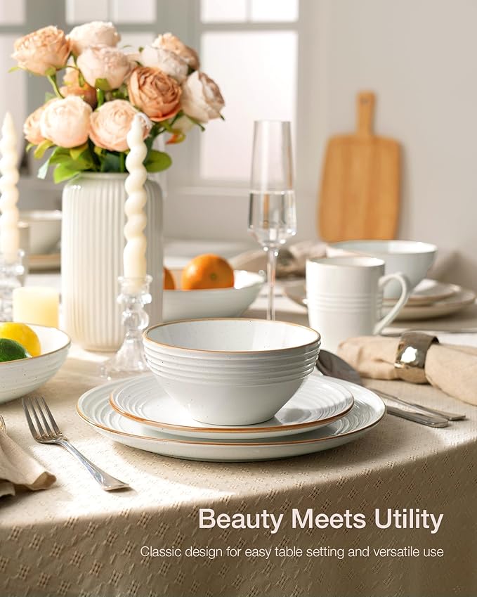 Famiware Jupiter 16-Piece Stoneware Dinnerware Set for 4 - Includes Pasta Bowl & Dinner Plate, Handcrafted Dishes with Speckles & Embossed Swirls, Chip & Scratch Resistant, Daily & Formal Use, White