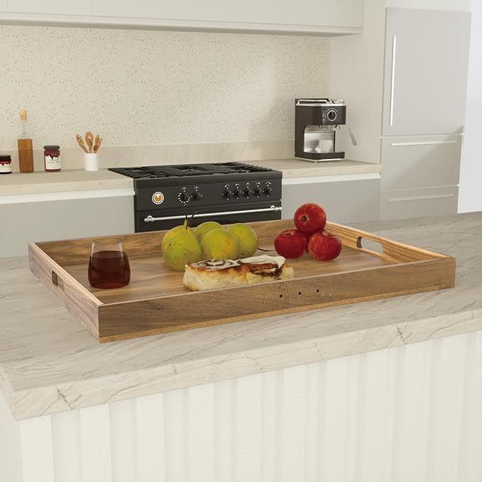 Acacia Wood Stove Cover for Gas & Electric Burners, 28.82”x20.83”x2.12'' (Inner) Noodle Board with Handles, Cutting Board with Juice Groove, Serving Tray (Natural Acacia)