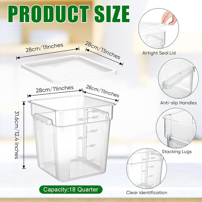FoldTier 2 Pieces Square Food Storage Containers Polycarbonate Clear food Container with Lid Commercial Storage with Graduations for Commercial Kitchen Dough Marinating Meat (White,18 Qt)