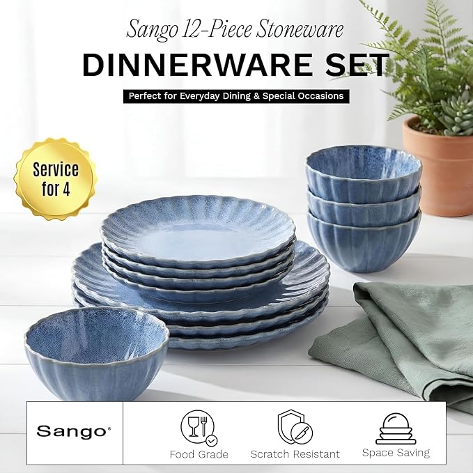 12 Pieces Stoneware Dinnerware Set, Microwave and Dishwasher Safe, for 4 | Scallop Frill Design, Chip Resistant, Ceramic, Includes Plates and Bowls
