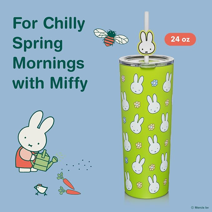 Dragon Glassware | Miffy Stainless Steel Tumbler with Straw, 24 oz - Green | Vacuum Insulated Stainless Steel Tumbler with Straw & Lid; Double Walled Tumbler with Straw Charm; Miffy Cup with Lid