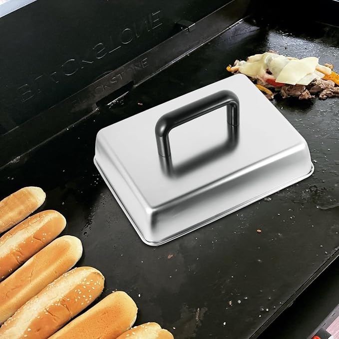 12 x 9 Inch Rectangular Basting Cover and Grill Press Kit for Blackstone Accessories, Universal BBQ Melting Dome Steaming Lid & Smash Burger Press for Flat Top Teppanyaki, Dishwasher Safe