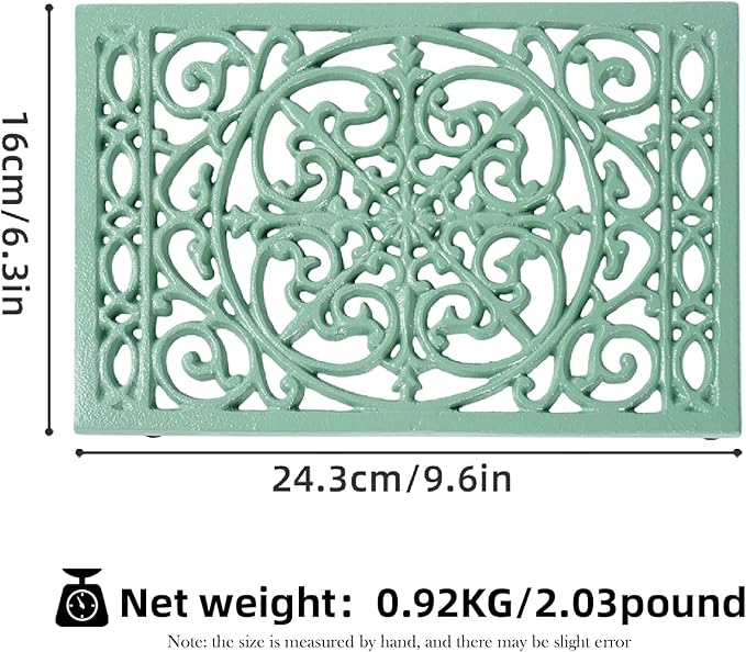 Notakia 9.6 x 6.3 Inch Cast Iron Trivet Set, Large Metal Trivets for Hot Dishes Pots Pans Decorative Kitchen Trivets, Heat-Resistant Trivet Mats for Quartz Countertops, Table Cooktop (Green, 1 Pack)