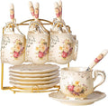 YOLIFE 8 OZ Flowering Shrubs Tea Cups and Saucers Set of 6, Ivory Ceramic Floral Teacups Set, Coffee Cups with Golden Rack