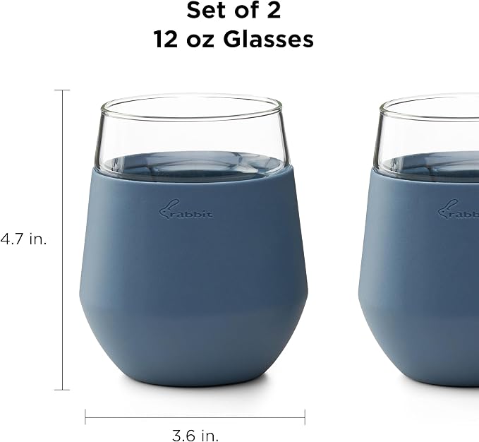 Rabbit Freezable Wine Glass Set of 2 - Insulated Stemless Cooling Glasses with Freezer Gel Packs and Silicone Sleeves, Keeps White Wine & Rosé Cold for Hours, Blue Gift Set