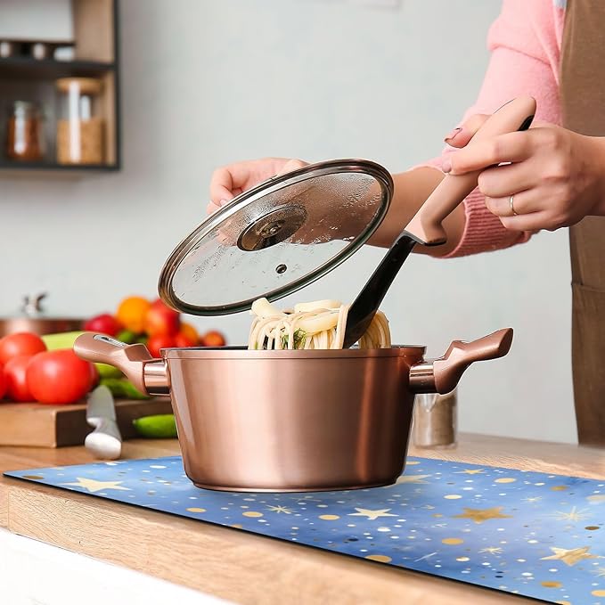 2 in 1 Table Runner Trivet for Hot Pots and Pans Heat Resistant Non Slip Waterproof 39 x 12 Inch Decorative Table Protector for Kitchen Countertop Blue Romantic Golden Stars