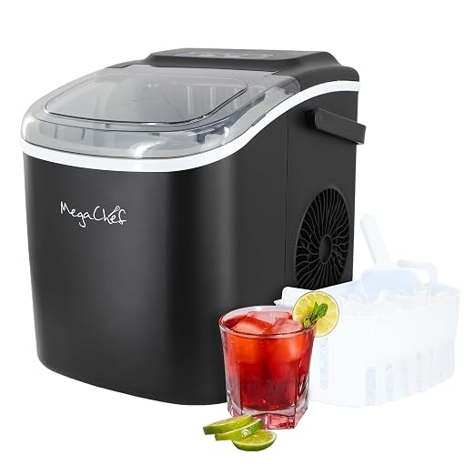 MegaChef 26 Pound Countertop Bullet Ice Maker, Basket and Scooper, Countertop Ice Machine, Easy-Carry Portable Ice (Black)