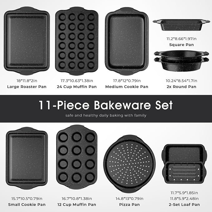 11-Piece Nonstick Baking Pan Set, Stackable Bakeware Sets, Oven Pans for Baking with Silicone Handles, Includes Cookie Sheet, Cake Pans, Loaf Pan, Pizza Pan, Muffin Pan, Black