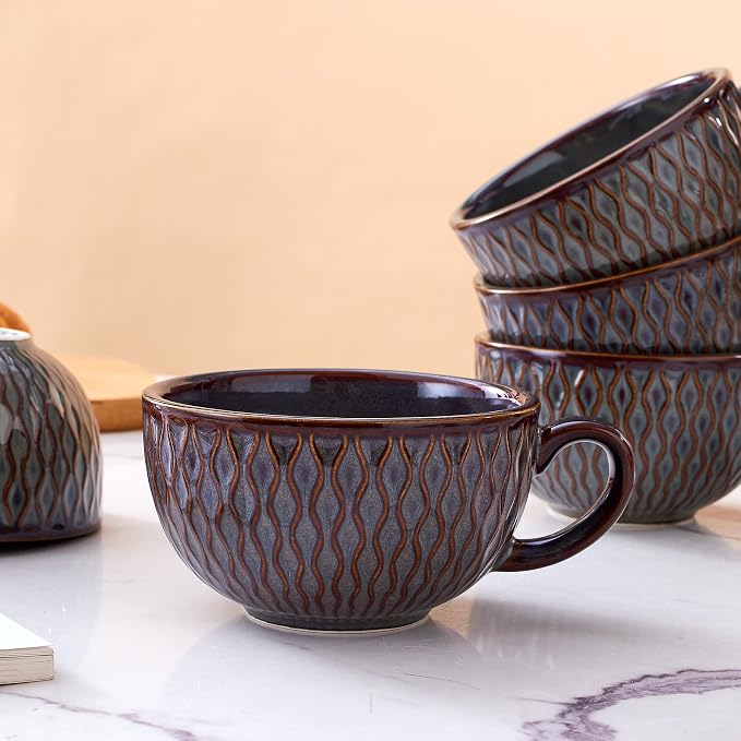 Coffeezone Set of 6 Cups Vintage Design 12 oz Professional Barista Ceramic Latte Art Cappuccino Cups Set (Embossed Grey * 6)