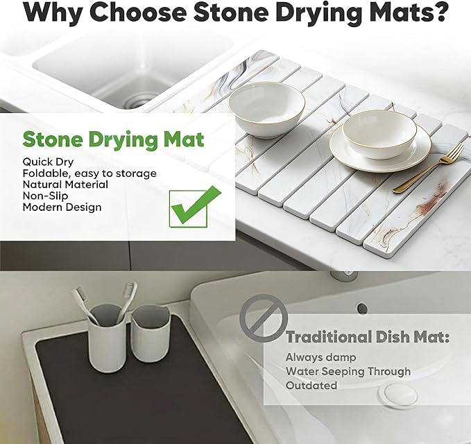 Stone Drying Mat for Kitchen Counter, Quick Diatomaceous Earth Mats for Dishes, 23.6"L x 15.7" W Super Absorbent Fast-Drying Collapsible Countertop Stone Mat (Marble White-05, 24" x 16")