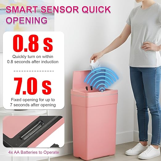 PayLessHere 13 Gallon 50 L Trash Can with Lid Plastic Kitchen Trash Bin Automatic Touch Free Motion Sensor Trash Can (3, Pink)