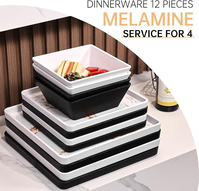 Square Melamine Dinnerware Sets of 12 Pcs,Square Plates and Bowls Sets,Unbreakable Dish Set for 4,Lightweight, Dishwasher Safe and BPA Free,Suit for RV,Camping （Black and White）