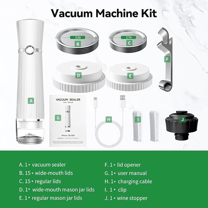 Vacuum Sealer for Food (Compact Vacuum Sealer Machine + 30 Mason Jar Lids), Portable Food Sealer, Seal Meal Saver for 10X Preservation & Fresh