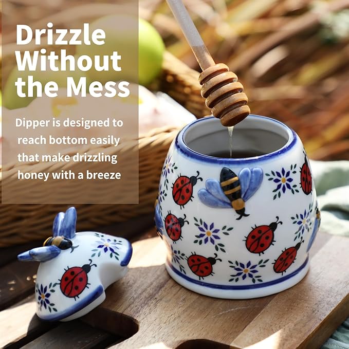 ZOOBEE 10oz Ceramic Honey Jar with Dipper Stick,Handpainted Honey Container for Storing Syrup,Small Mini Honey Pot with Bees,Disherwash Safe-Hidden Nook