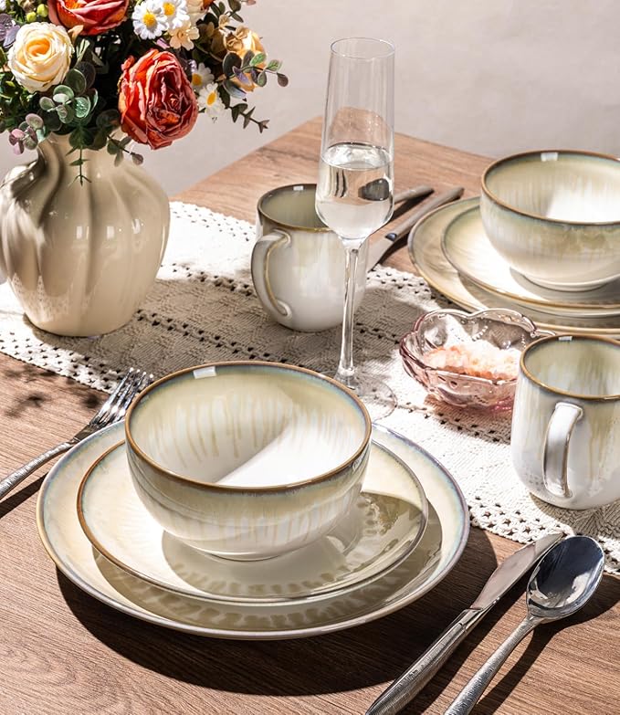 LERATIO Ceramic Dinnerware Sets for 4,Reactive Glaze Plates and Bowls Set with Mugs, Dishwasher,Microwave & Oven Safe Dishes set-Sage Ivory
