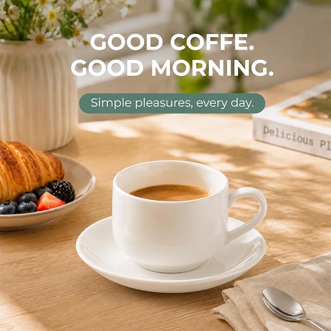 3 Ounce Espresso Cups Set of 4, White | Stackable Demitasse Mugs, Includes Display Stand, Coffee Cups Saucers, and Spoons, for Machines & Home Use, Silver Stand