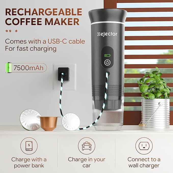 Portable Coffee Maker Espresso Machine Cafetera Portatil Personal Rechargeable Coffee Maker Small for Travel Camping usb-c Battery Espresso Maker, 3-IN-1 Compatible with Ground Coffee & NS Capsule