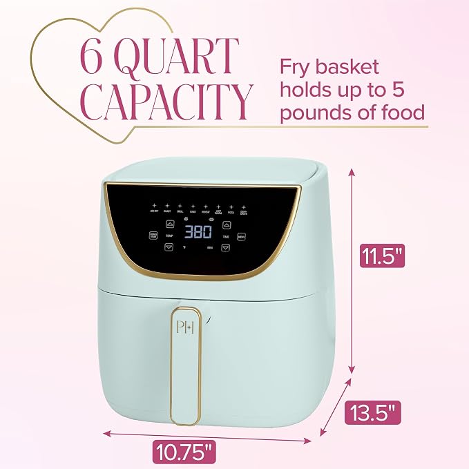 Paris Hilton Air Fryer, Large 6-Quart Capacity, Nonstick Made without PFAS, Touchscreen Display, 8-in-1 (Air Fry, Roast, Broil, Bake, Reheat, Keep Warm, Pizza, Dehydrate), Dishwasher Safe, Aqua
