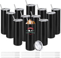 YOUKE OLA 12 Pack Stainless Steel Skinny Tumblers Bulk Straight Double Wall Insulated Tumbler with Lid and Straw for, DIY, Black, 20oz
