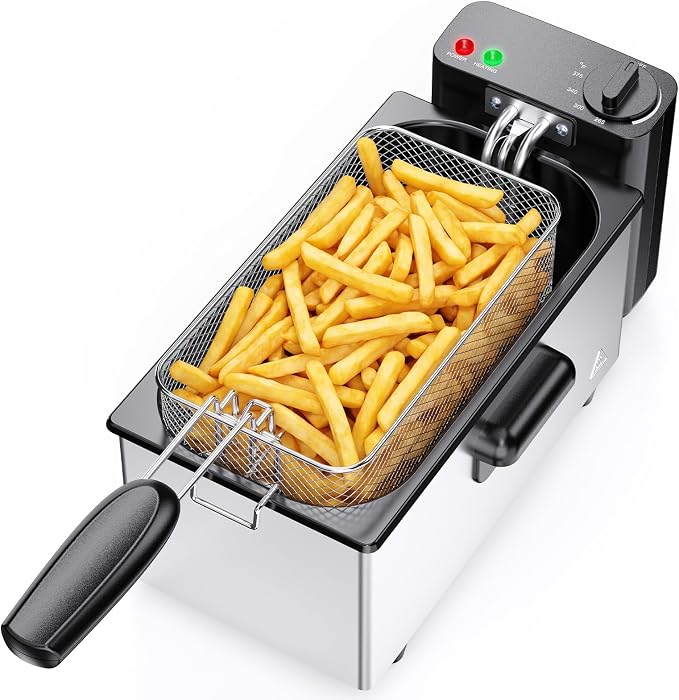 OLIXIS Deep Fryer for Home Use, Small Electric Fryer with 3 Liter Capacity, 1500W Power, 4 Adjustable Temp, Lid with Viewing Window for Fried Chicken, Shrimp, French Fries, Silver