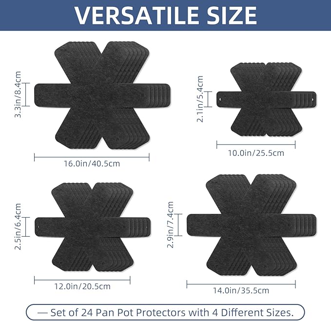 Pot and Pan Protectors, Set of 24 and 4 Different Sizes (10" 12" 14" 16") Felt Pan Separators Pads Pot Dividers Pads for Stacking and Protecting Pots and Pans, Gray